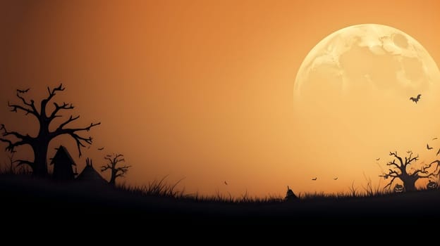 On Halloween night, a full moon and spooky trees create eerie silhouettes against the dark orange gradient sky background.