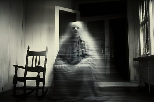 A spooky ghost by a rocking chair in a dimly lit abandoned room creates an eerie atmosphere, full of the supernatural