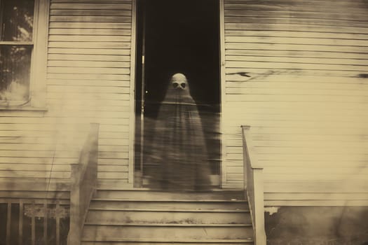 A ghostly figure stands at the entrance of an old house, emitting an eerie vibe, creating a haunting atmosphere