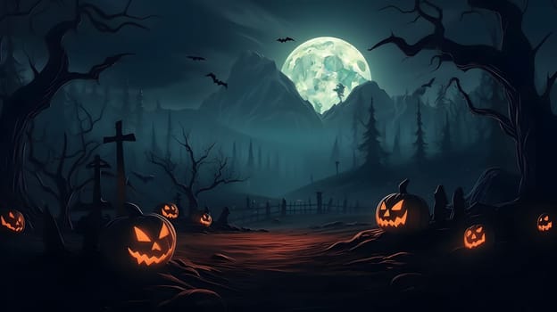 Eerie Halloween night with jack-o-lanterns, full moon, spooky forest, and fluttering bats creates a creepy atmosphere