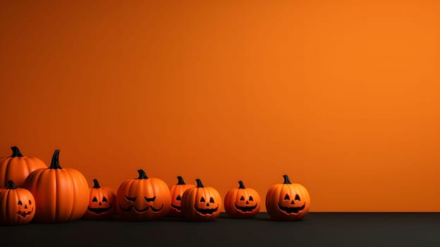 Carved pumpkins arranged for Halloween against plain orange background, capturing festive autumn theme