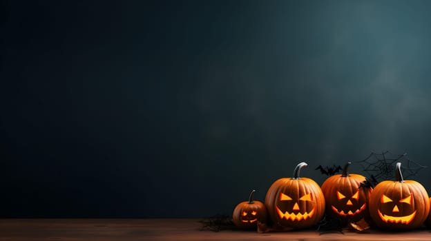 Spooky carved Halloween pumpkins with glowing faces create an eerie atmosphere against a dark gray background
