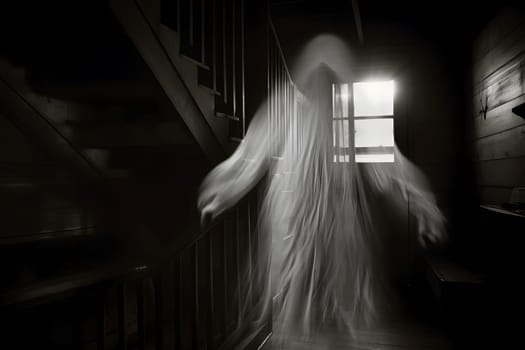 An eerie, ghostly presence in an old, deserted house on a haunting night creates a spinechilling atmosphere