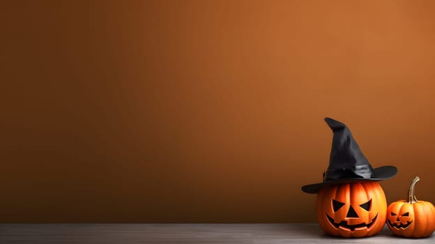 Two Halloween pumpkin Jack O Lanterns with Witch Hat on gray surface with orange wall background.