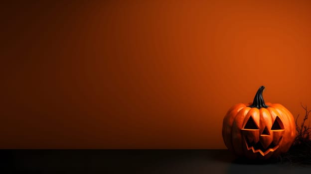 A carved Halloween pumpkin with a face sits against a dark orange background, exuding spooky vibes.