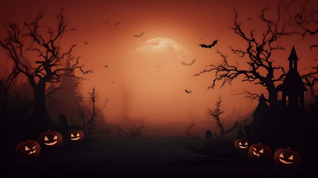 Illustration of a spooky Halloween night with jackolanterns, bats, and twisted, haunted trees under a spooky sky
