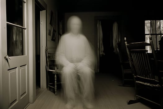 A blurred human figure sitting on a chair in a dimly lit room, evoking a sense of mystery and eeriness.