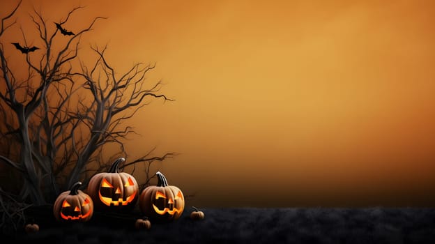 A spooky Halloween scene featuring carved pumpkins, a bare tree, and bats against an orange gradient background.