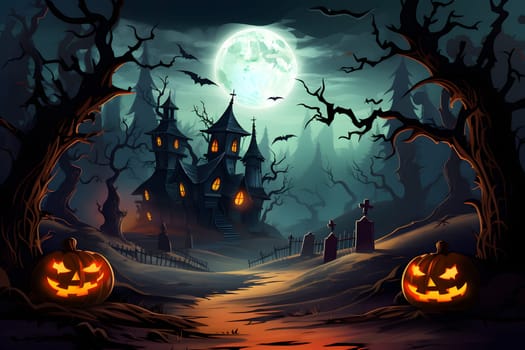 A creepy scene of a haunted house under a full moon, with glowing jack-o'-lanterns and barren trees.