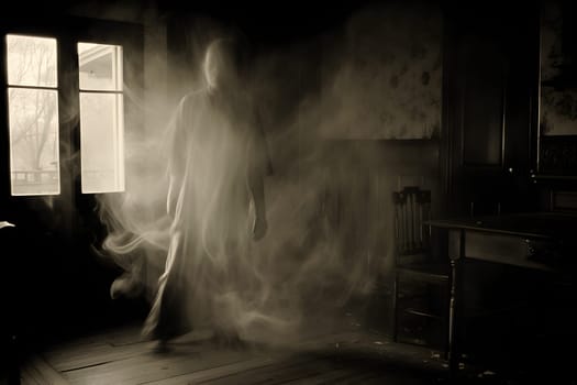 Mysterious ghostly figure appearing in an old, abandoned, haunted house enveloped in mist and shadow.