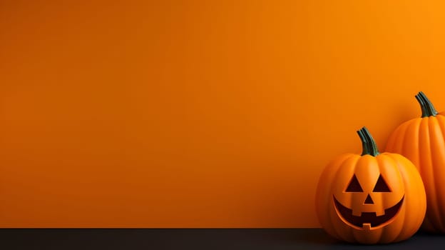 Flat blank orange Halloween background with couple of pumpkins with carved Jackolantern faces on the corner.