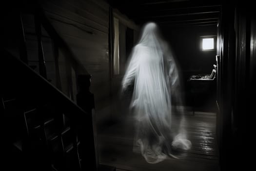 A ghostly figure emerges in a dark abandoned house, creating eerie atmosphere with haunting presence