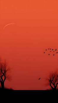Scenic view of silhouetted trees, birds flying against orange sunset, crescent moon in peaceful evening