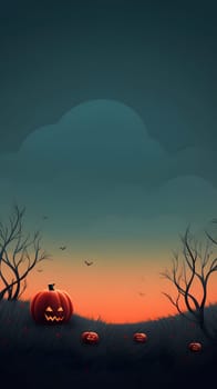 The eerie Halloween scene at dusk includes jackolanterns, trees, and a spooky sky, setting a spooky atmosphere