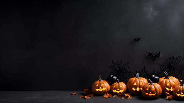 Halloween vibe with carved pumpkins, JackoLanterns, spooky decor on a dark background, bats flying around