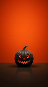 A black Jack-o'-lantern in the center on a black table with a vibrant orange background. Perfect Halloween decoration.