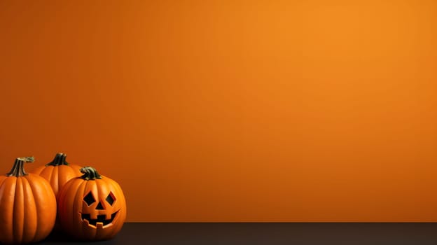 Three pumpkins, one with a carved face, set on a dark surface, with orange wall background with copy space