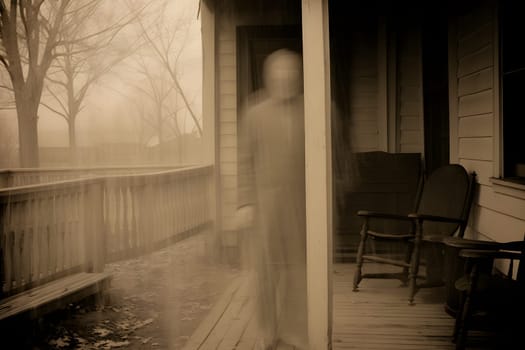 A vague, ghostly figure appears on a deserted porch in sepia tone, creating an eerie atmosphere with a foggy background