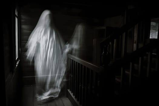 An eerie ghostly figure is haunting a dark, old staircase, making it ideal for Halloween and paranormal themes
