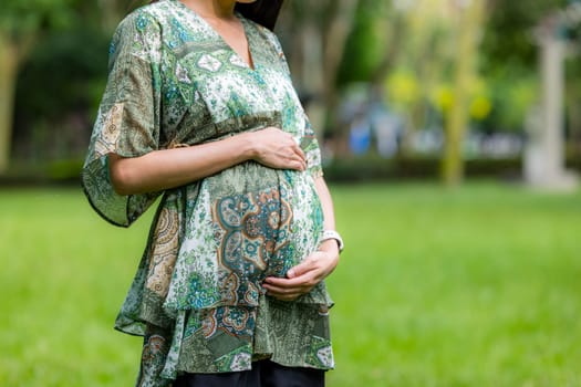 Pregnant woman with the green park garden
