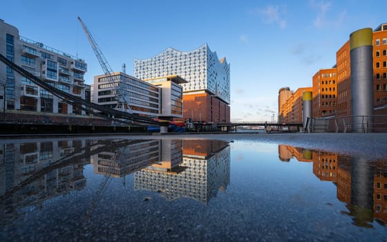 Hamburg, Germany - February 23, 2024: Modern buildings in the harbor city district of Hamburg on February 23, 2024 in Germany