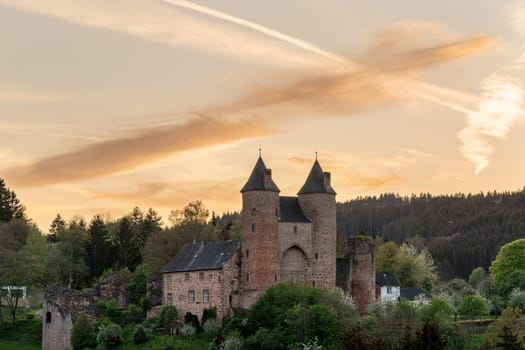 Muerlenbach, Germany - May 5, 2024: Panoramic image of viewpoint view of Bertrada castle on May 5, 2024 in Rhineland-Palatinate, Germany