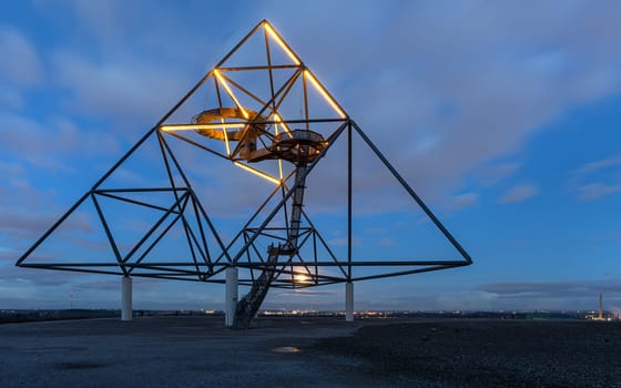 BOTTROP, GERMANY - FEBRUARY 24, 2024: Tetraeder, landmark of Ruhr Metropolis on top of Beckstrasse tip on February 24, 2024 in Bottrop, Germany