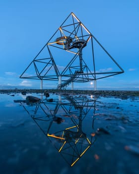 BOTTROP, GERMANY - FEBRUARY 24, 2024: Tetraeder, landmark of Ruhr Metropolis on top of Beckstrasse tip on February 24, 2024 in Bottrop, Germany
