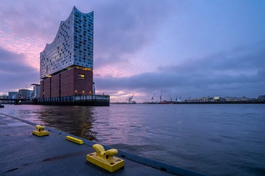 Hamburg, Germany - February 20, 2024: Modern buildings in the harbor city district of Hamburg on February 20, 2024 in Germany