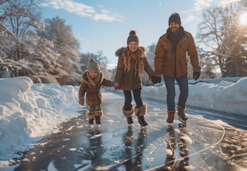 An adult and two children are shown ice skating together on a sunny winter day, surrounded by snowy trees and clear skies