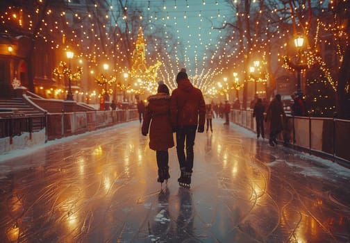 Two people ice skating hand in hand in an illuminated, festive outdoor rink with Christmas lights and a bokeh effect