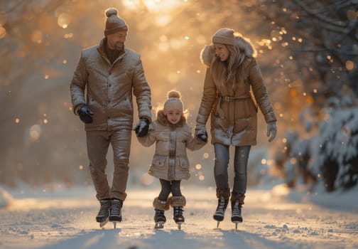 A joyful family of three ice skates in a park illuminated by golden sunset light, capturing winter fun and familial warmth