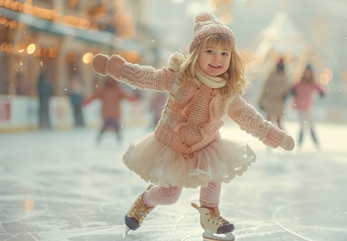 A joyful toddler girl is ice skating at an outdoor rink with festive background lights and soft focus figures