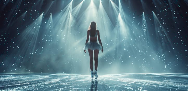 A female ice skater stands at the center of an icy stage, spotlighted by beams of light in a grand performance setting