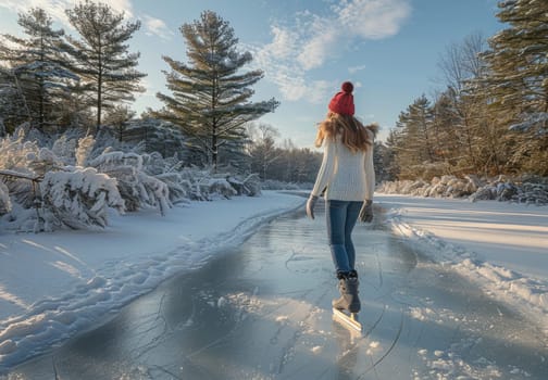 A woman wearing a red beanie and white sweater ice skates alone on a frozen forest pathway surrounded by snow-covered trees and sunlight