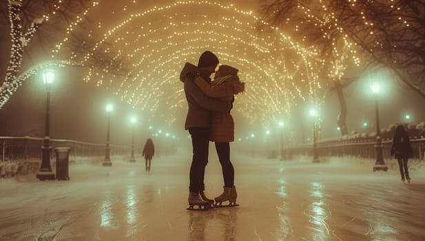A romantic scene with a couple embracing on an ice rink surrounded by glowing lights in a park, creating a cozy, festive atmosphere