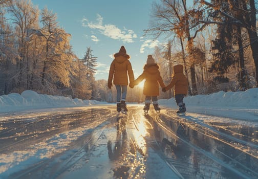 A back view of a family with two children holding hands, walking on a snowy path in a forest during winter, with sunlight filtering through the trees