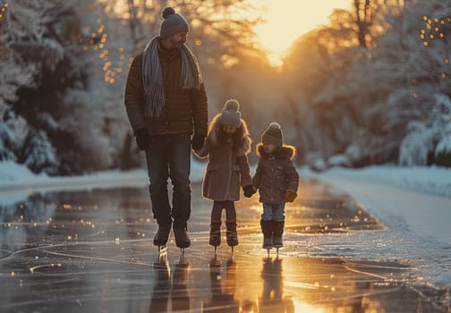 A serene image capturing a family of three walking hand in hand down a snowy path as the sun sets, casting a warm glow