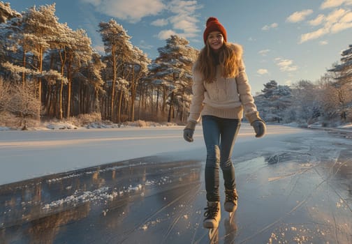 A woman in warm winter clothing smiles joyfully as she ice skates on a frozen lake surrounded by snow-covered trees and clear blue sky