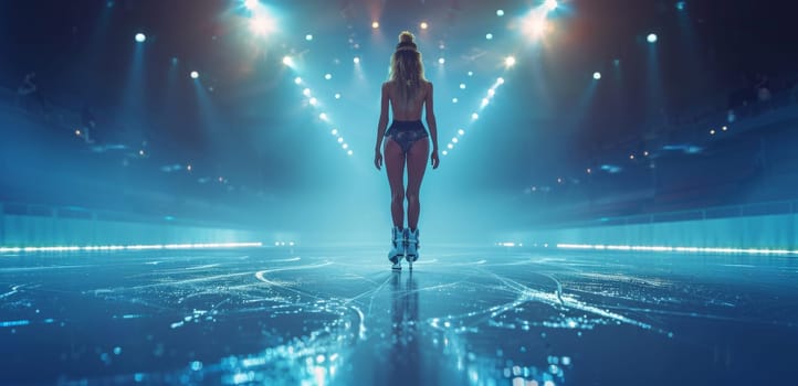 A female figure skater stands at the center of an ice rink, backlit by dramatic stage lighting and ready to perform