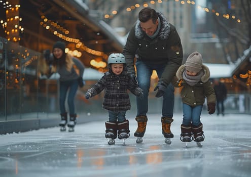 A joyful moment of a family ice skating together with the father guiding his children on a festive winter day. The scene captures the excitement and bonding during a seasonal outdoor activity.