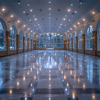 A stunning indoor ice skating hall featuring elegant arched windows and a polished ice surface. The hall is illuminated with warm lighting, creating a serene and inviting atmosphere perfect for skating enthusiasts.