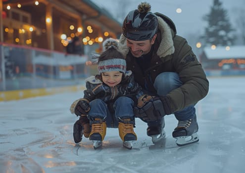 A heartwarming image of a father holding his young son as they ice skate together outdoors. The warm lights in the background add a cozy feeling, emphasizing familial bonds and winter fun.
