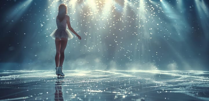 A female figure skater stands gracefully on an ice rink, illuminated by dramatic spotlights and reflections on the ice