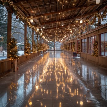 Indoor ice skating rink adorned with festive Christmas lights and holiday decorations. The glowing lights create a magical atmosphere, perfect for seasonal activities and celebrations.