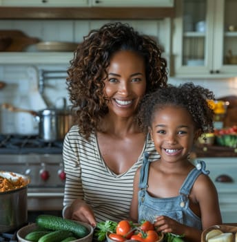 A cheerful mother and young daughter posing together in a home kitchen setting with fresh vegetables on the counter