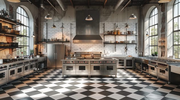 A contemporary kitchen with stainless steel appliances, black and white checkered floor, and wooden shelves against a brick wall