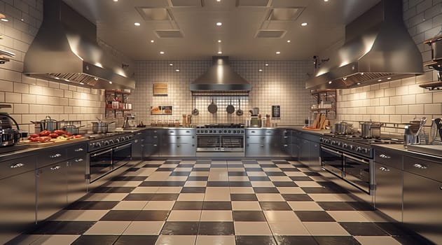 A fully equipped commercial kitchen with stainless steel appliances, tiled floors, and hanging pots and pans