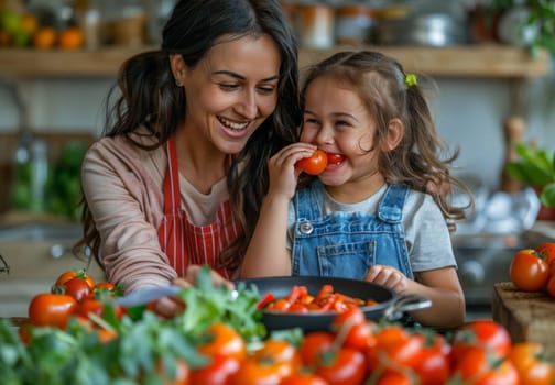 A smiling woman and a young girl are preparing food with fresh tomatoes in a cozy kitchen setting