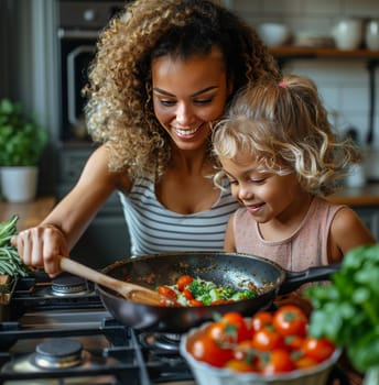 A cheerful young woman and her little daughter are preparing a meal with fresh vegetables in a modern kitchen setting